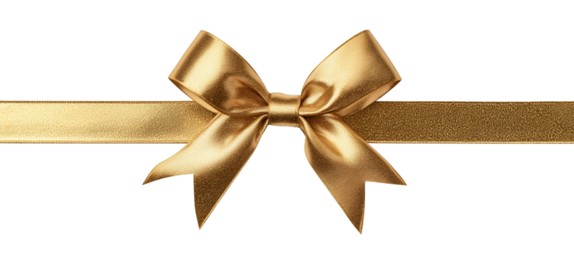 A shiny golden ribbon bow tied neatly across a matching gold band on a transparent background.