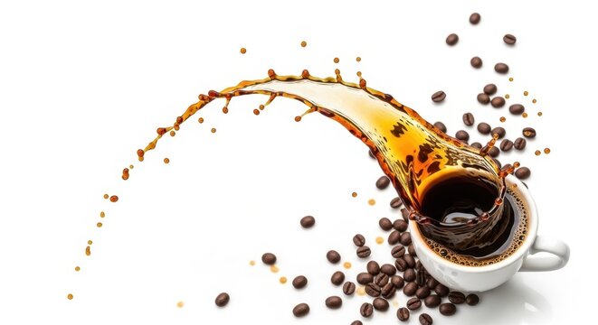 Coffee Cascade: A dynamic display of spilled coffee, showcasing the rich brown liquid cascading from a tipped-over cup amidst scattered coffee beans.