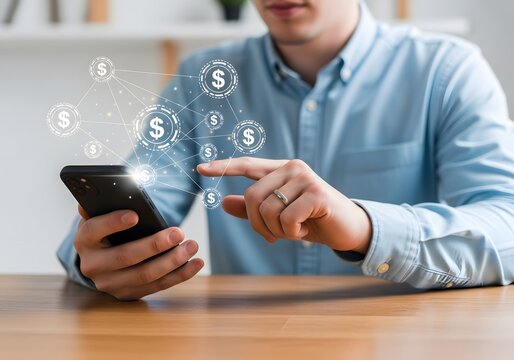 Man interacting with money transfer app on smartphone with digital dollar icons overlayed on screen - Powered by Adobe