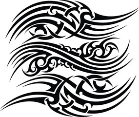 Three Tribal Tattoo Designs with Intricate Swirls and Sharp Points.