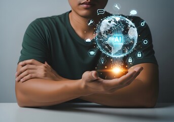 Man presenting a holographic globe with ai symbol and various icons floating above his hand on a table