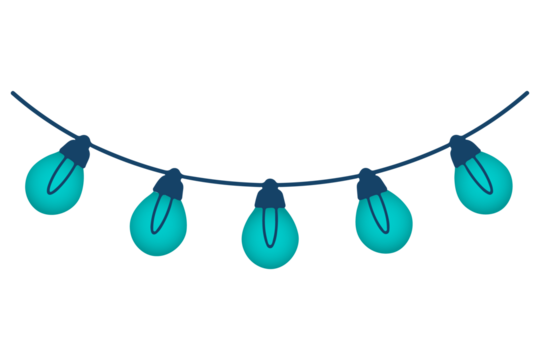 Simple string of teal colored light bulbs in PNG format, isolated on a transparent background. Ideal decoration element for parties, summer events, holidays, and banners.