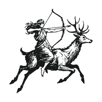 Dynamic archer riding a running deer inspired by dewi artemis, illustrated in bold black-and-white engraving style, perfect vector artwork for fantasy themes, mythology scenes, and heroic graphic proj