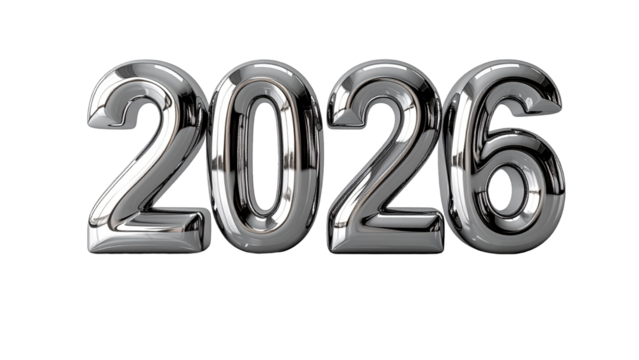 new year 2026 silver numbers on PNG transparent background