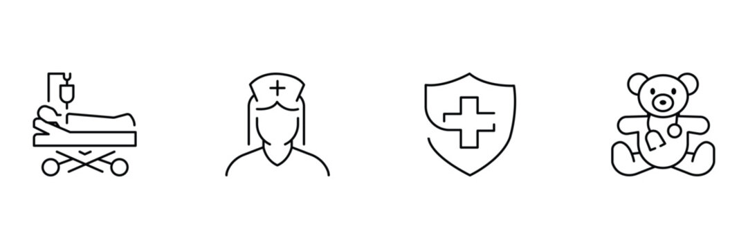 Hospital bed, nurse, health shield, teddy doctor icon vector illustration for medical care use.