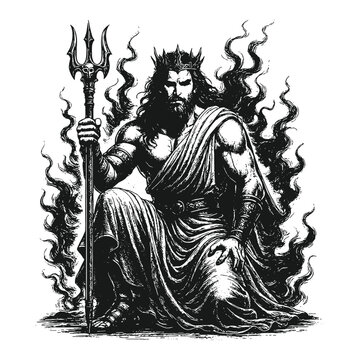 Powerful hades underworld god illustration in detailed black-and-white vintage engraving style, perfect vector artwork for mythology themes, fantasy designs, and classical graphic projects.