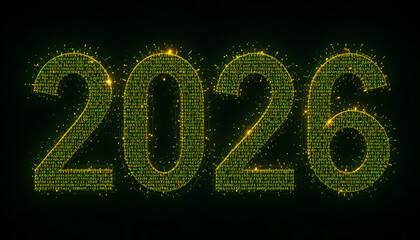Glowing green year two thousand twenty six formed by binary code on a dark background illustration