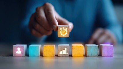 management resources goal-setting. A person placing a colorful block with a clock icon among other blocks.