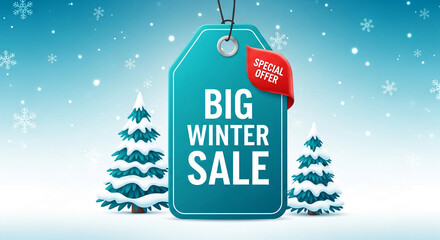 Illustration of a teal tag that says "Big Winter Sale" on it with a red "Special Offer" ribbon. Showcase for winter shopping season, promotion