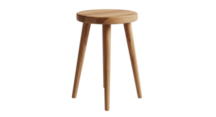 Simple wooden three-legged stool with a round seat and tapered legs isolated on a transparent background