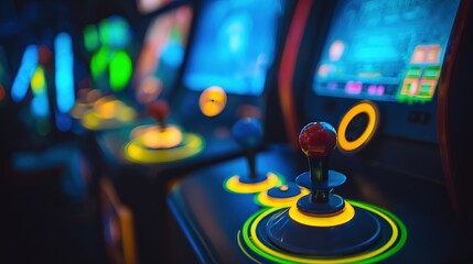 joystick. Arcade corner with glowing neon lights and illuminated buttons in dark setting. tutorial guides, club newsletters, designed for tourism and weekend activity guides.