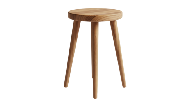 Simple wooden three-legged stool with a round seat and tapered legs isolated on a transparent background