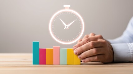 management resources goal-setting. Hands holding colorful bars with a clock overlay, symbolizing time management and productivity.