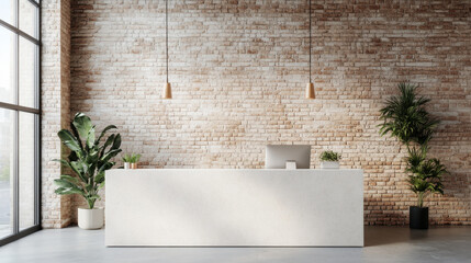 Reception counter mockup with brick wall background style front interior registration copy space desk design indoor decoration front view decoration three-dimensional