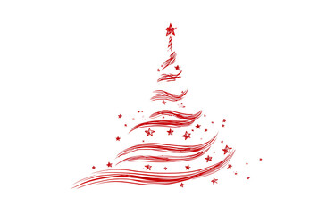 A red Christmas tree illustration made of curved ribbon strokes, decorated with scattered stars and topped with a star.