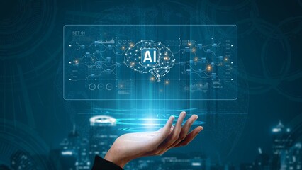 AI neural network and data processing system visualizing artificial intelligence with brain structure, chip, and connected data blocks for computation and learning Marrow