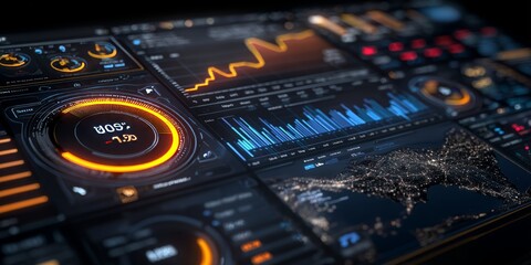 Digital dashboard with various data visualization graphs and world map. Data analysis concept for business intelligence and financial planning.
