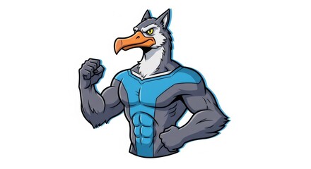 Cartoon Anthropomorphic Bird Character Flexing on White Background with Teal Blue Shirt and Detailed Musculature in Pixel Art Style with Dynamic Lighting
