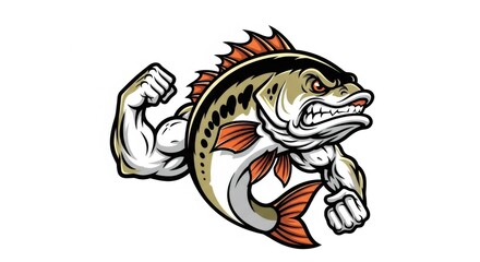 Cartoon Bass Fish with Muscular Arms Illustration on White Background
