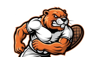 Cartoon Beaver Mascot with Muscular Build in White Jersey Posing Aggressively on White Background
