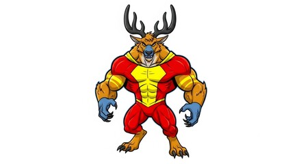 Cartoonish Anthropomorphic Deer Creature with Orange Fur, Red Suit, and Yellow Accents Isolated on White Background