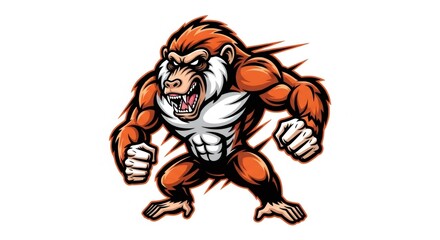 Cartoonish Muscular Orangutan with Sharp Teeth and Fists Raised Aggressively on Isolated White Background