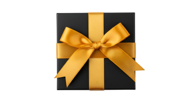 Square Black Gift Box with Gold Ribbon and Bow isolated on a transparent background present celebration