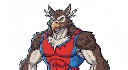 Fototapeta premium Pixel Art Illustration of Owl Gryphon with Red and Blue Athletic Outfit on White Background