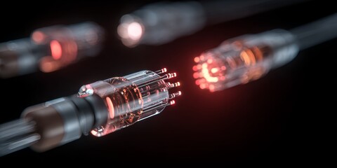 Close up of fiber optic cable transmitting data with red light. Technology background showing fast internet connection. Digital communication concept.