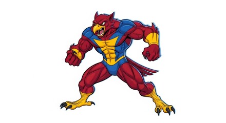 Pixelated Muscular Red and Blue Bird Beast Standing Aggressively on White Background with Yellow Accents Pixel Art Character Design 