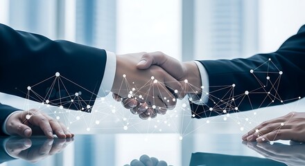Business handshake with abstract network connection symbolizing partnership and agreement