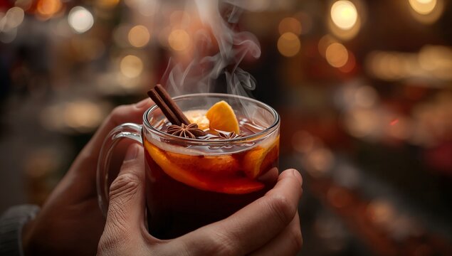 Close-up of a steaming glass mug of mulled wine with spices like star anise and orange slices, held by hands, a blurred background of a festive market, warm and inviting atmosphere