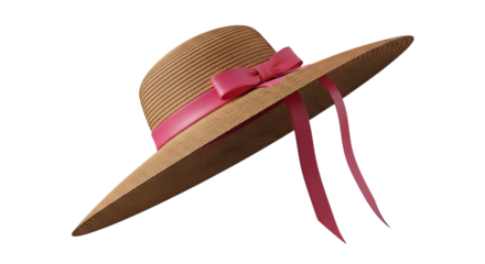 Straw sun hat with pink ribbon bow and flowing streamers isolated on a transparent background straw hat