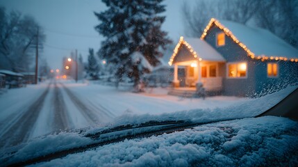 Fototapeta premium Car's windshield and wipers are covered in a thick layer of fresh, heavy snow. The blurred background shows a winter street scene and a house.