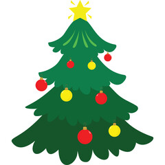 Green Christmas Tree Decorated With Red And Yellow Ornaments And A Yellow Star On A Transparent Background