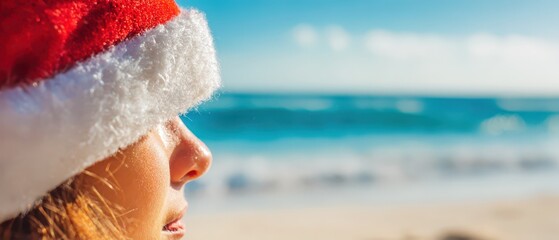 Celebrating new year at the beach with a santa hat
