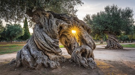 bark. Ancient olive tree with twisted, powerful branches under the golden light of sunset, deep shadows. inspiring travel planning, gardening catalogs, designed for gardening and botanical catalogs.