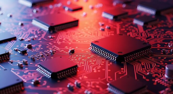 Close up of modern electronic circuit board with microchips and components