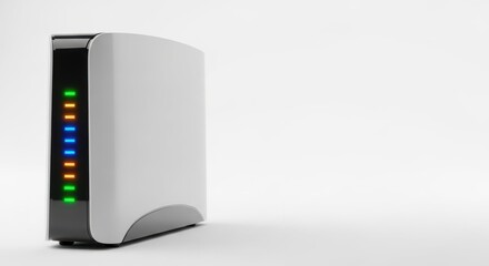 Contemporary wireless router with indicator lights on white seamless backdrop. Wireless router for modern home network connection with fast internet access.
