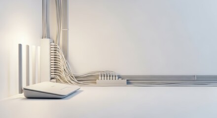 Modern communication technology with fiber optic cables against white wall, showcasing seamless internet connectivity.