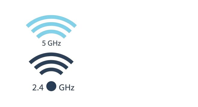 Modern WiFi icon on white background, including 5 GHz and 2.4 GHz connections for wireless communication. WiFi icon displays signal strength and frequency band,