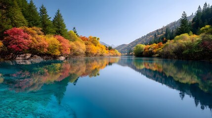 Naklejka premium A serene mountain landscape in autumn showcasing vibrant red orange and yellow foliage reflected perfectly in the tranquil turquoise waters of a clear lake