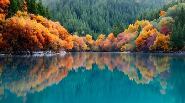 Crystal turquoise lake perfectly mirrors vibrant orange red and yellow autumn foliage and dark green evergreen trees blanketing a serene mountainside
