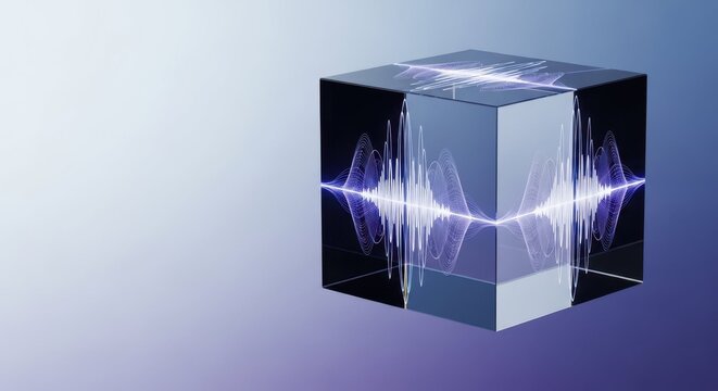 3D cube with sound waves and graphic elements in blue and white gradients. This sound wave visualization on cube suggests connectivity through technology, representing audio signal modulation.