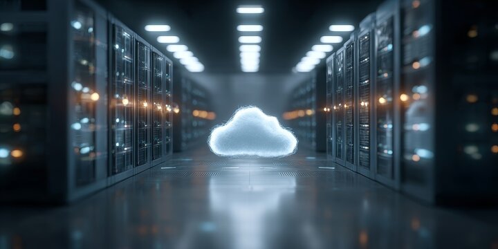Cloud computing icon floating in data center aisle. Global network server infrastructure with glowing light and high tech server racks for modern technology.