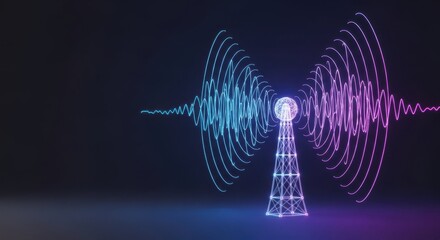 Exploring technology communication with wireless radio tower sending signal. Technology communication illustrated by network tower on dark background, showing the process of information transfer.