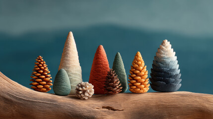 Organic pinecone ornaments on driftwood tree minimalist eco decor, natural texture, earthy color, serene mood