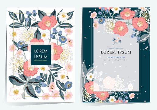 Vector Illustration Template Set of Winter Blooms Camellia, Plum Blossom, and Narcissus