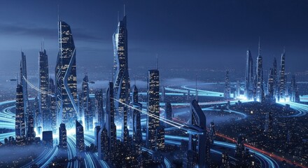 Cityscape futuristic design with modern skyscrapers illuminated at night. Futuristic cityscape vision showcases urban planning and innovative architecture.