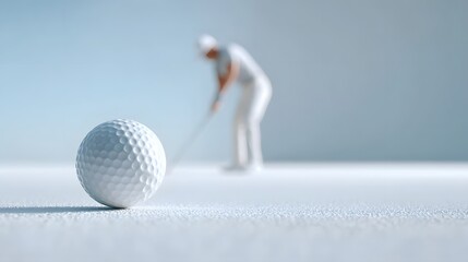 Close up of a textured golf ball in sharp focus on a clean white putting surface with an out of focus golfer in white attire in the distance preparing for a stroke